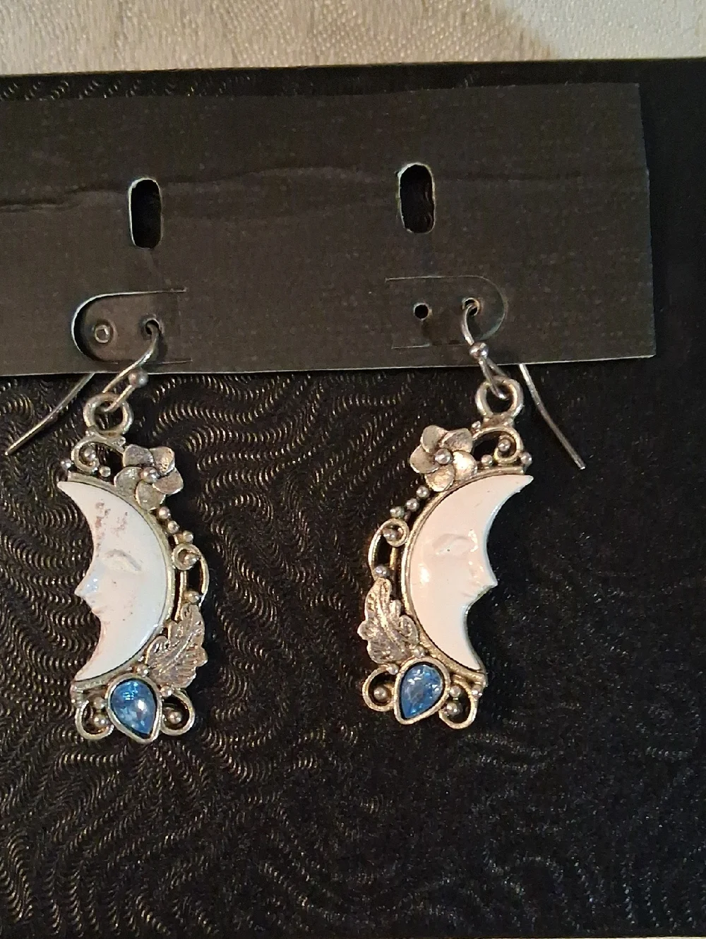Silver Tone White Moon & Blue Crystal Drop Earrings - Picture 1 of 3